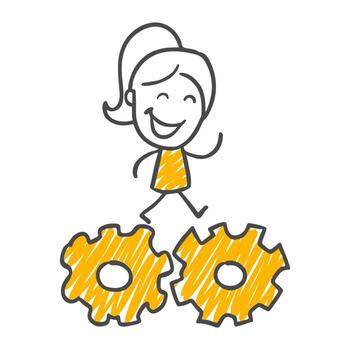 cooperativa y eficiente trabajador sonriente mientras colaborando y coordinando con mecánico engranajes a el lugar de trabajo. vector