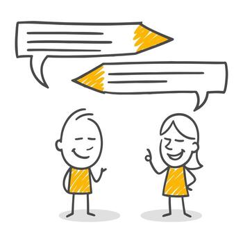 un vistoso ilustración demostración dos caracteres en diálogo, simbolizando creativo ideas con lápiz simbolos vector