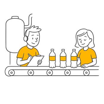 un equipo gerente el embotellado proceso y rastreo producción vía tableta en un bebida producción línea. vector