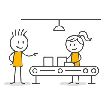 Graphic Design Showing Two Workers Ensuring Workflow and Division of Labor on Production Line. vector