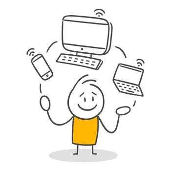 buscando digital equilibrar mientras gerente múltiple dispositivos simultaneamente en el digital mundo. vector