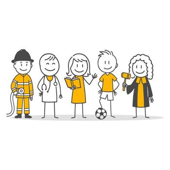 A fun illustration representing diversity and collaboration through characters from different professions. vector