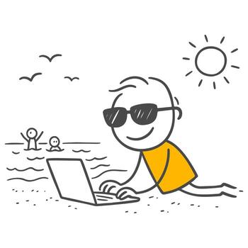 Stick figures. An illustration symbolizing remote work experience using technology by the seaside. vector