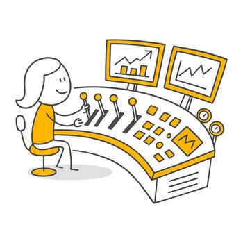 A technological scene depicting a character working with data at a control panel. vector