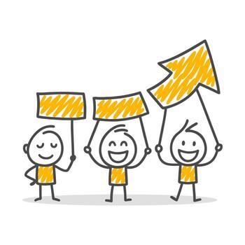 An illustration where characters move together holding signs representing growth and development in a positive upward graph, symbolizing progress and success. vector