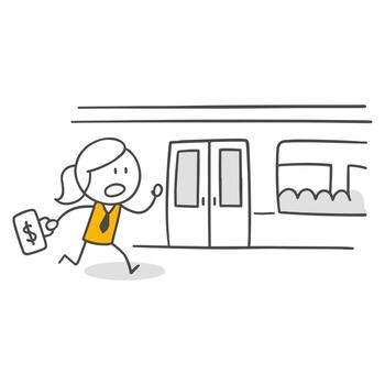 un sencillo escena representando un mujer de negocios corriendo a captura el subterraneo en palo figura estilo. vector