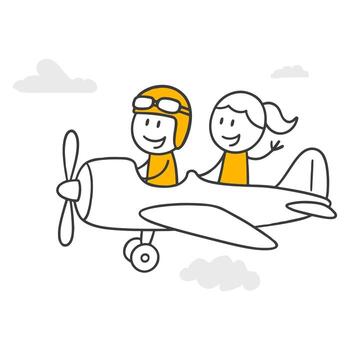 Stick figures. A Joyful Flight Scene Full of Discovery and Adventure in the Sky. vector