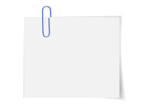 blanco papel de notas adjunto con un azul clip de papel. blanco vacío sábana modelo para notas, recordatorios, o oficina mensajes plano aislado en blanco. vector