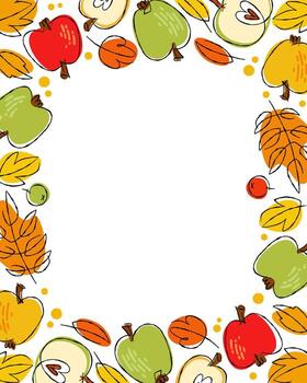 The apples and leaves frame design features colorful hand drawn sketchy style design elements. General mood is whimsical and warm. Suitable for stationery and seasonal decor. vector