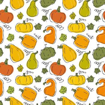 A playful, sketchy retro style pattern features various pumpkins and gourds. The color palette includes warm oranges, yellows, and greens on a dark background. Ideal for seasonal decor. vector