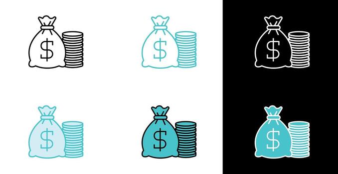 Money Bag and coin stack icon for finance and wealth in line and fill style vector