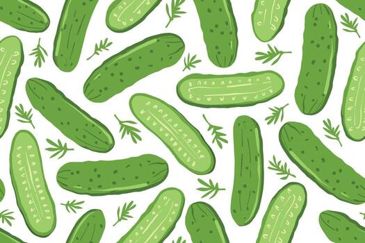 Cucumber seamless pattern. Flat vegetables whole and half on a white background. Natural pattern for fabric, paper, wallpaper vector