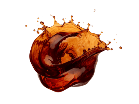 Dynamic amber liquid splash swirling against a transparent backdrop, creating a captivating visual png