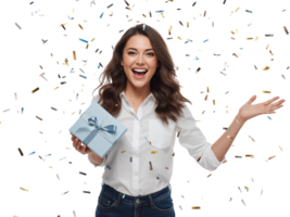 alegre mujer con un presente en mano en medio de un resumen y vistoso falla modelo png