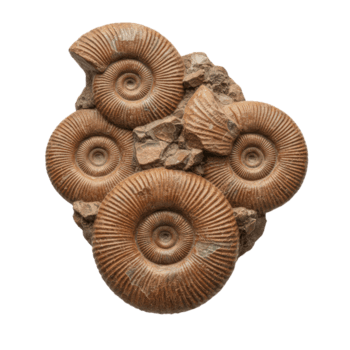 Cluster of Ammonite Fossils Embedded in Rock Matrix on Transparent Background Display png