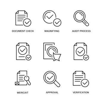 Collection of Verification and Approval Icons Depicting Document Checks and Audit Processes for Business Management png