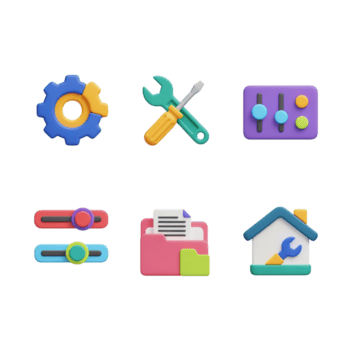 Playful 3D Icon Set Representing Settings, Tools, and Preferences for App or Website Customization and User Interface Design png