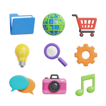 Collection of Colorful 3D Rendered Icons Depicting Common Functions and Applications png
