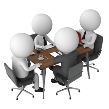 Stick Figure Business Meeting Collaboration and Discussion Around a Table with Documents and a Computer png