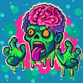 Scary cartoon zombie head with brains and its tongue out, showing hands. Funky psychedelic and trippy halloween character with slime around it vector
