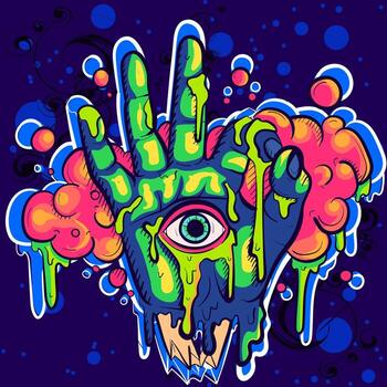 Mystical and occult zombie hand with the eye of Horus in the middle. Freemasonry and illuminati conspiracy theory symbol with slime around it. vector