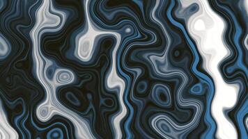 rörelse grafisk terar en dynamisk och vätska turbulent mönster i nyanser av blå, svart, och vit, skapande ett elegant marmor effekt. video