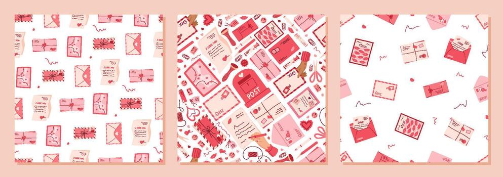 Seamless pattern with love mail in flat style set. Heart, envelope, note, postcard, message, card in romantic set. Postcard and mail pattern, card flat visual, cute greeting or correspondence. vector
