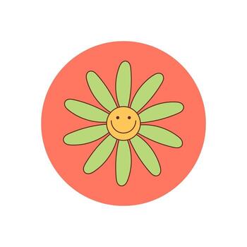 Groovy retro flower round sticker in yellow and happy smile style. Playful circle package seal adds charm as lid or cheerful accent, blending graphic design for positive, trendy label or product vector