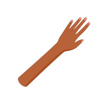 Raised human hand in flat cartoon graphic style. Ethnic arm with fingers up symbolizes unity and support, conveying diversity and equality in colorful artistic gesture symbol. vector