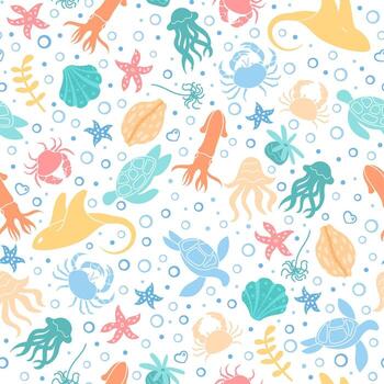 Underwater seamless pattern with cartoon marine creatures. Turtle, starfish, crab, seashell, and shrimp repeat in an aquatic and ocean design. Colorful marine life arranged in a playful style, vector