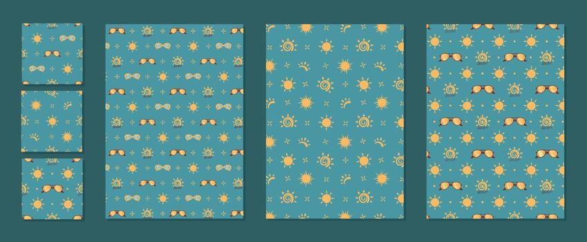 dibujos animados sin costura modelo con protector solar Dom y spf formas en plano estilo. Gafas de sol y logo elementos crear un verano bloqueador solar uv proteccion patrón, ideal para antecedentes o producto embalaje con vector