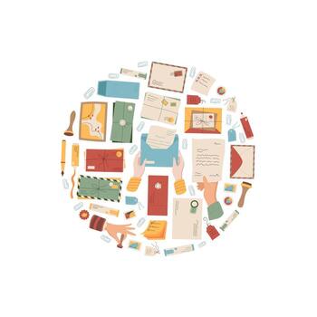 Flat mail letter sticker concept circle. Envelope, card, paper and message stamp arrangement. Correspondence, creative sticker icon, paper mail element in round circle, modern flat style for vector