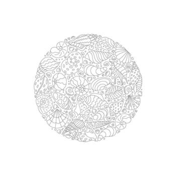 redondo submarino marina pegatina bosquejo en un círculo. concha, Vieira, y caracol con Oceano modelo. artístico concepto para acuático diseño, garabatear estilo Perfecto para decorativo textura. vector