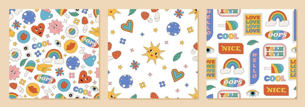 maravilloso retro sin costura dibujos animados modelo conjunto mezclas contento y linda elementos con un vistoso y2k antecedentes. miedoso flores, sol, arcoíris, y corazón forma crear juguetón estilo para creativo modelo vector