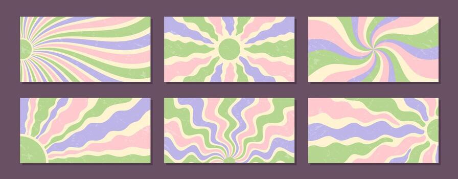 Groovy retro abstract set with pastel sun burst and wavy backgrounds in a flat, grunge style. Sunshine and sun elements add a grungy y2k feel. Horizontal orientation, perfect for vintage projects. vector