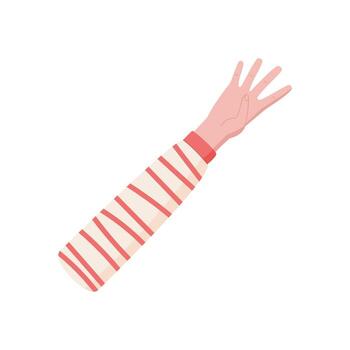 Cartoon style hand gesture with fingers and palm showing number four. Flat design with wrist and striped sleeve. Counting educational element for preschool or basic math use. vector