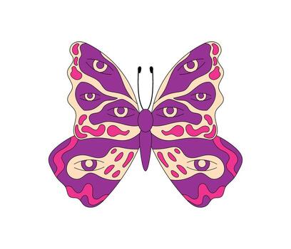 Psychedelic groovy butterfly with abstract eye shapes and colorful trippy style. Retro funky symbol and y2k groovy element graphic, perfect for creative art concepts modern visual projects. vector