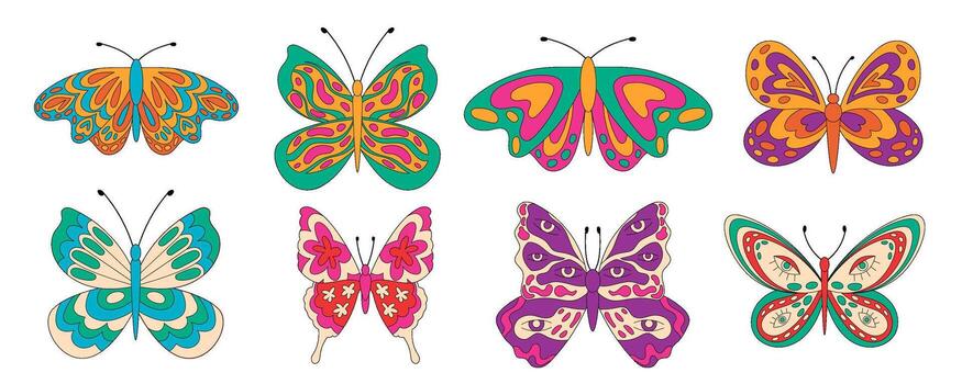 maravilloso retro mariposa conjunto en vistoso dibujos animados popular estilo. cada mariposa muestra miedoso y psicodélico detalles como gráfico y maravilloso elemento, y2k modelo para único moderno Arte contexto divertido decoración. vector