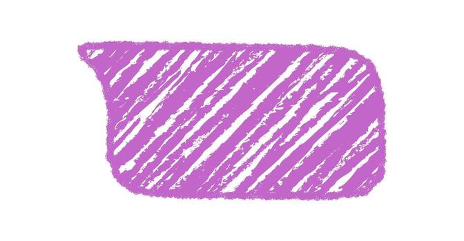 Diagonal chalk talk bubble with purple scribble style and rough texture. Speech rectangle in organic form, message element with graphic accent for communication and conversation themes. vector