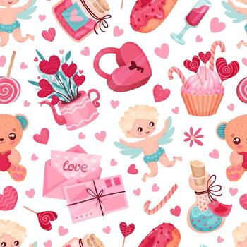 Valentines Day Seamless Pattern with Symbol and Attribute with Heart Template vector