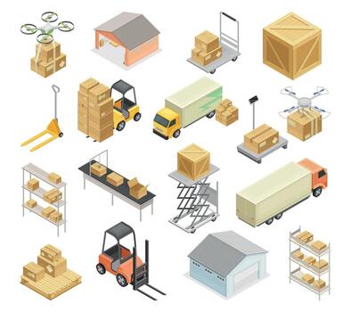 Warehouse Transport and Infrastructure Object Isometric Set vector