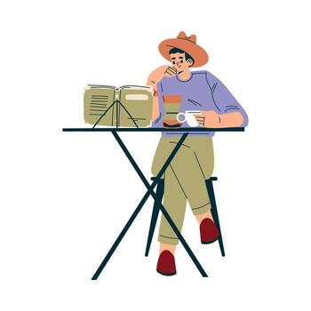 Man Sit at Table in Cafe and Read Book Illustration vector