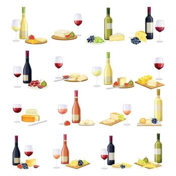 Wine Bottle with Cheese and Berry Set vector