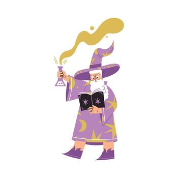 Wizard Man Character in Purple Gown and Hat with Book and Flask Illustration vector