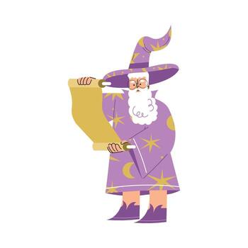 Wizard Man Character in Purple Gown and Hat with Scroll Illustration vector