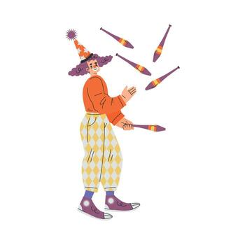 Colorful Man Clown Character with Bright Makeup and Nose Amusing Juggling with Pins Illustration vector