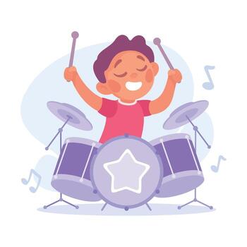 A Joyful Child Happily Engaged in Playing Drums in an Extremely Colorful and Engaging Cartoon Style vector