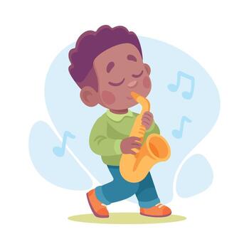 A Joyful Boy is Enthusiastically Playing a Saxophone in a Colorful, Vibrant Animated Style vector