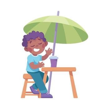 A Joyful and Cheerful Child Happily Enjoying a Refreshing Drink Under a Colorful Green Umbrella vector