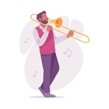 A Man Playing the Trombone with Joyful Vibes and an Energetic Atmosphere Surrounding Him vector